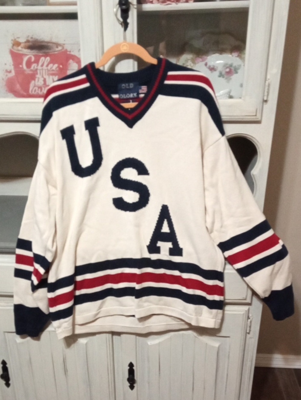 Old Glory Cream V-Neck Sweater with Navy & Red Stripes